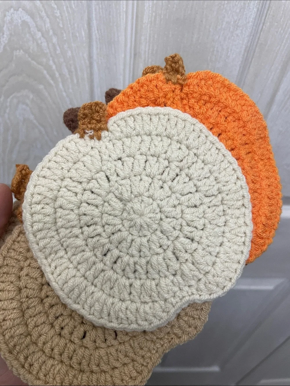 Handmade Crocheted Pumpkin Coasters - Neutral & Orange Set